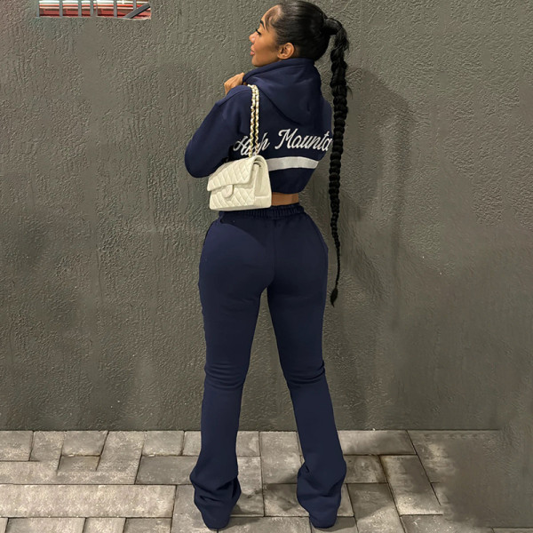 Embroidered hooded sweatshirt high waisted pants set
