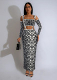 Printed long sleeved leopard print two-piece long skirt