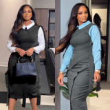 Splicing and contrasting fake two piece ribbon split dress