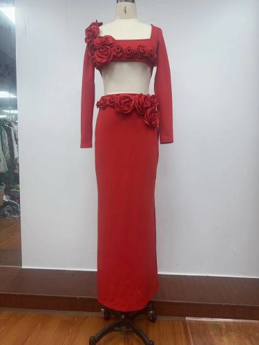 White long sleeved floral bandage top long skirt two-piece set