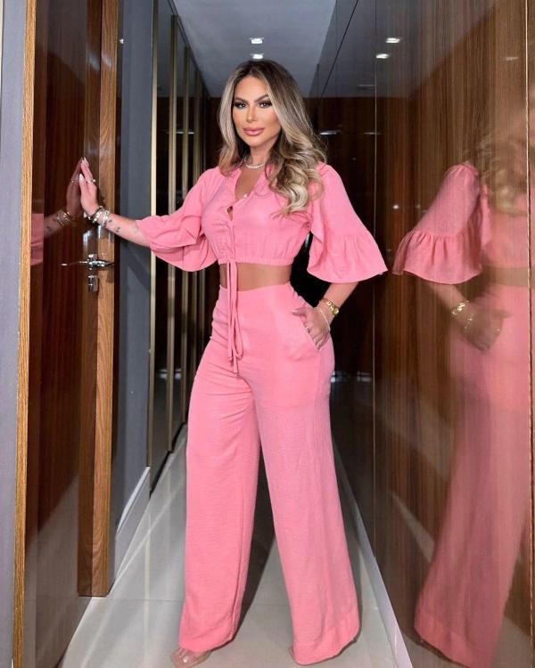 V-neck flared sleeve lace up top, wide leg pants set