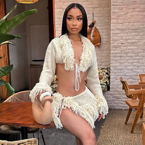 Knitted lace up cardigan long sleeved top short skirt set