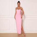 Diamond studded off shoulder slit bandage dress
