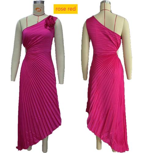 Slanted shoulder pleated hollow dress skirt