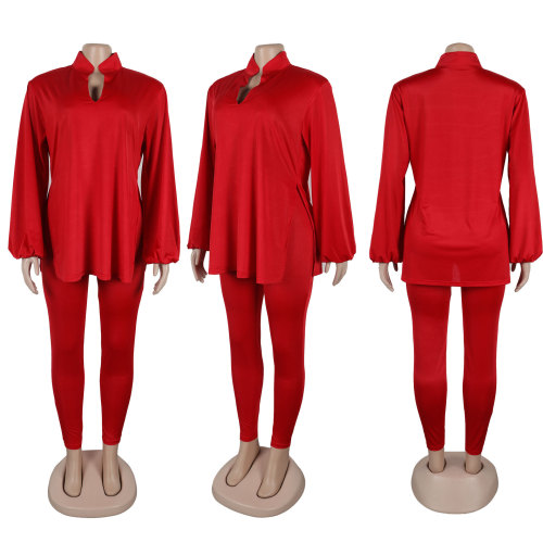 V-neck lantern sleeve hem slit shirt long pants two-piece set