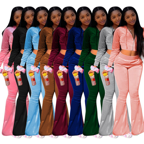 Korean Velvet Hooded Wide Leg Pants Sport Set