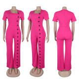 Irregular collar, waist cinched, wide leg breasted jumpsuit