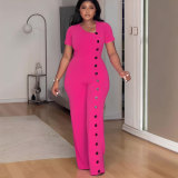 Irregular collar, waist cinched, wide leg breasted jumpsuit