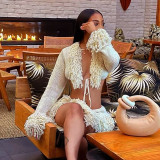 Knitted lace up cardigan long sleeved top short skirt set