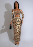 Printed long sleeved leopard print two-piece long skirt