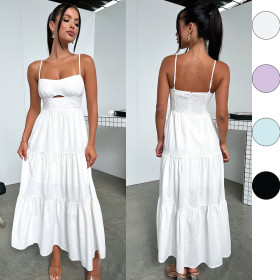 Strap solid color waist cinching long skirt, low cut large swing skirt