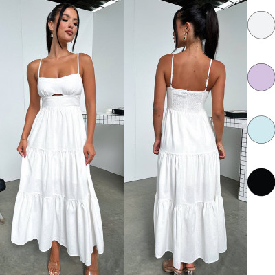 Strap solid color waist cinching long skirt, low cut large swing skirt