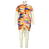 Short sleeved bag skirt two-piece irregular elastic printed pleated skirt set