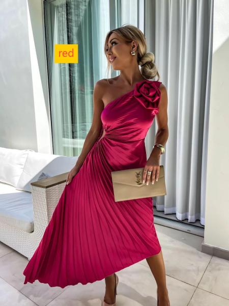 Slanted shoulder pleated hollow dress skirt