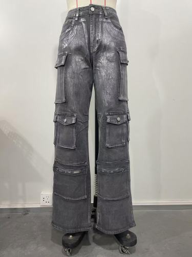 Women's workwear, multi pocket hot silver jeans