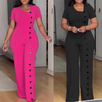 Irregular collar, waist cinched, wide leg breasted jumpsuit