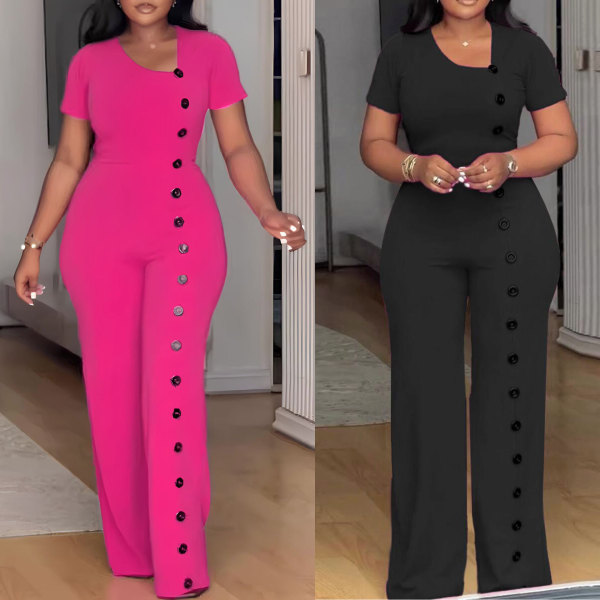 Irregular collar, waist cinched, wide leg breasted jumpsuit