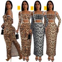 Printed long sleeved leopard print two-piece long skirt