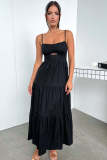Strap solid color waist cinching long skirt, low cut large swing skirt