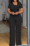 Irregular collar, waist cinched, wide leg breasted jumpsuit