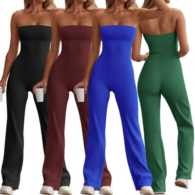 Shoulder baring elastic wrapped chest jumpsuit pants