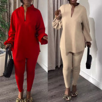V-neck lantern sleeve hem slit shirt long pants two-piece set V-neck lantern sleeve hem slit shirt long pants two-piece set