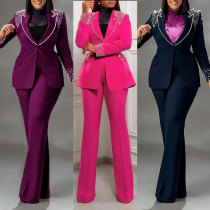 Pearl long sleeved elastic suit two-piece set