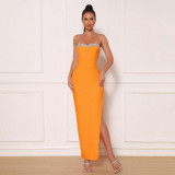Diamond studded off shoulder slit bandage dress