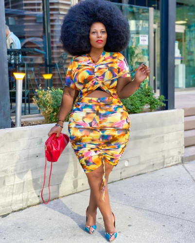 Short sleeved bag skirt two-piece irregular elastic printed pleated skirt set