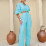 V-neck flared sleeve lace up top, wide leg pants set