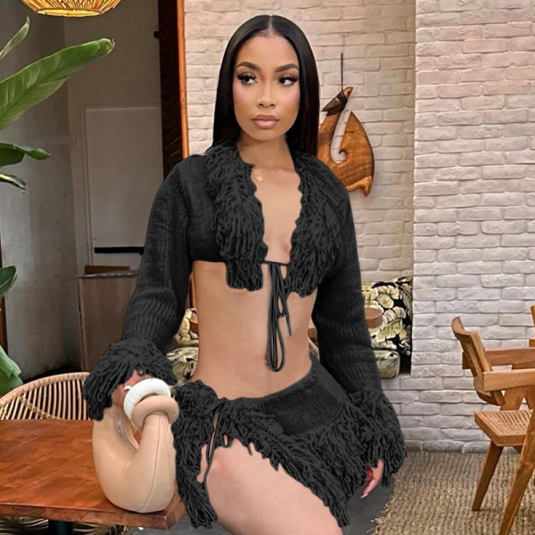 Knitted lace up cardigan long sleeved top short skirt set