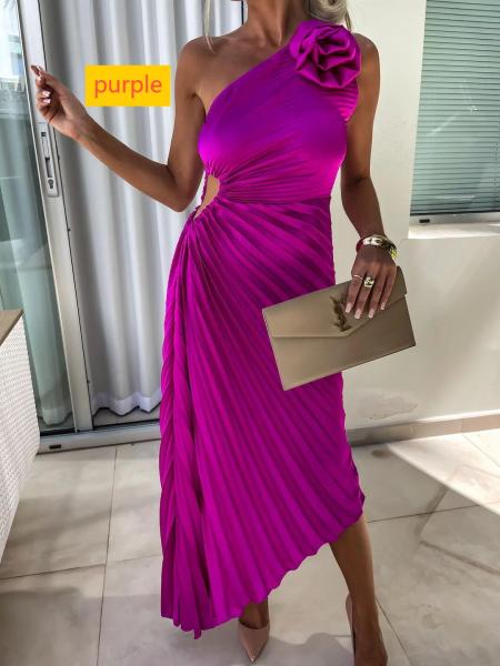 Slanted shoulder pleated hollow dress skirt