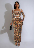 Printed long sleeved leopard print two-piece long skirt