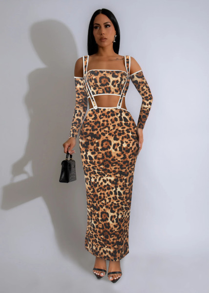 Printed long sleeved leopard print two-piece long skirt