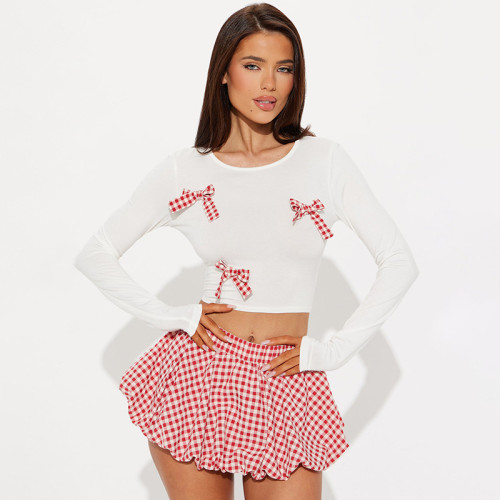 Bow decoration top plaid flower bud skirt set