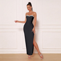 Diamond studded off shoulder slit bandage dress