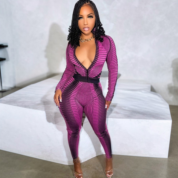 Long sleeved striped printed high waisted tight pants set