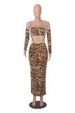 Printed long sleeved leopard print two-piece long skirt