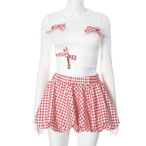 Bow decoration top plaid flower bud skirt set