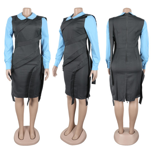 Splicing and contrasting fake two piece ribbon split dress