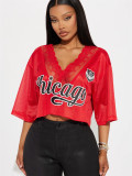 Letter printed loose V-neck lace patchwork short sleeved T-shirt