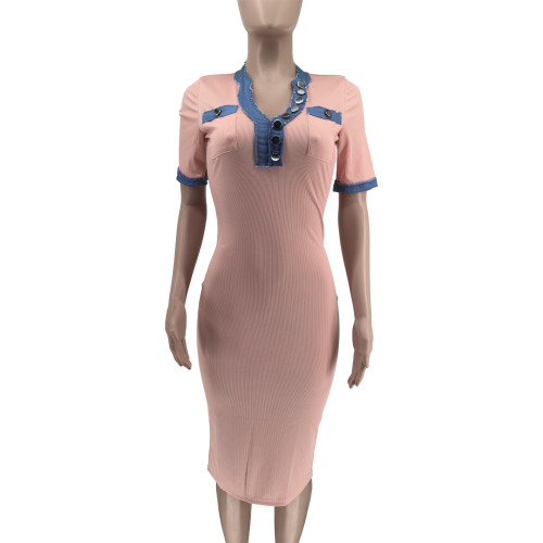 Washed denim patchwork pocket solid color dress