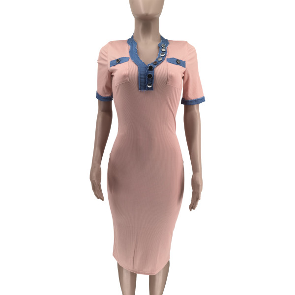 Washed denim patchwork pocket solid color dress