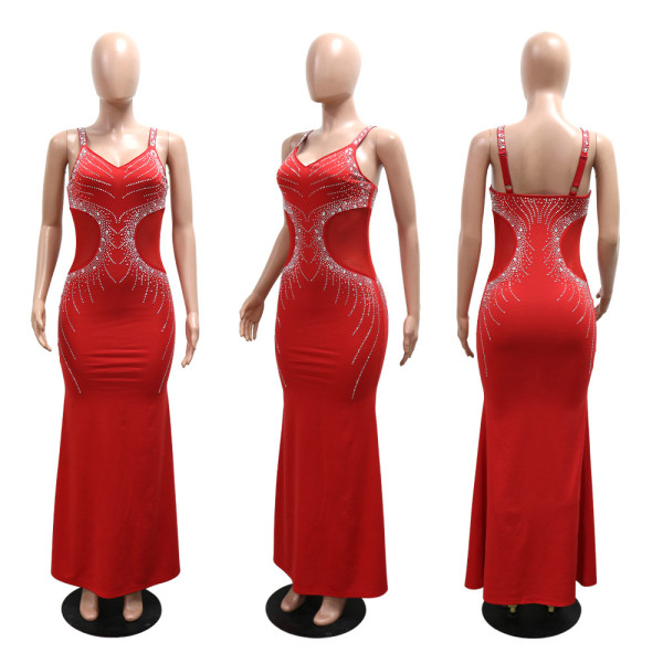 V-neck long dress with suspender straps and rhinestone wrapped buttocks dress