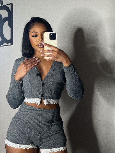 Lace cardigan jacket long sleeved top shorts set