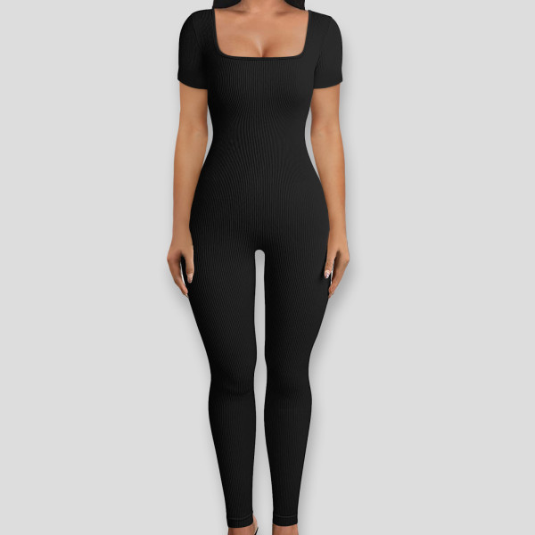 Threaded square collar hip lifting jumpsuit