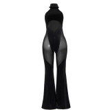 Hanging neck patchwork solid color sleeveless mesh patchwork jumpsuit