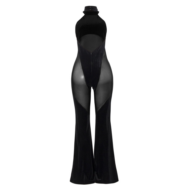 Hanging neck patchwork solid color sleeveless mesh patchwork jumpsuit