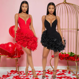 Strap Solid Color Lotus Leaf Lace Irregular Dress Short Skirt