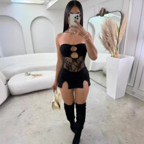 Perspective lace patchwork hollowed out strapless slit dress